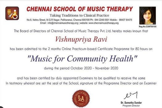 vishnupriya ravi music certificate
