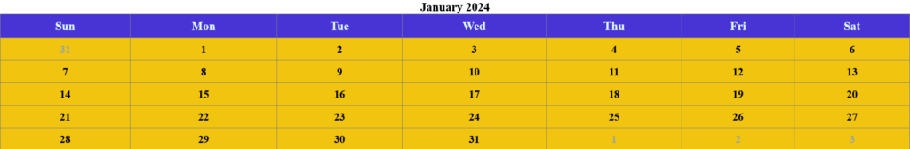 design a calendar using table tag